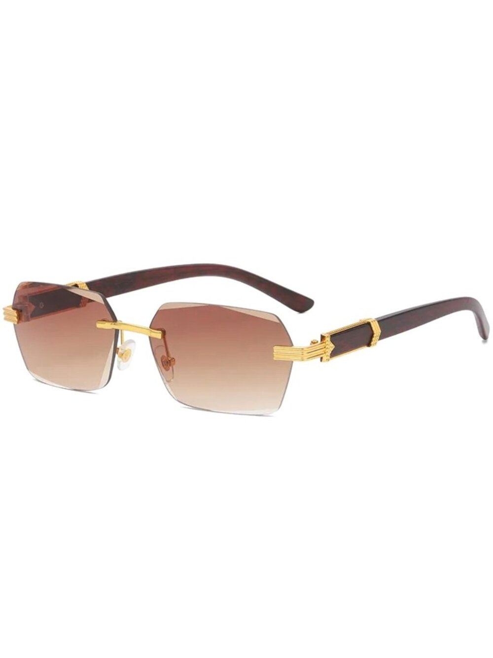 Retro Unisex Rimless Brown Tea Gradient Sunglasses W/ Gold-Tone & Wooden Arms